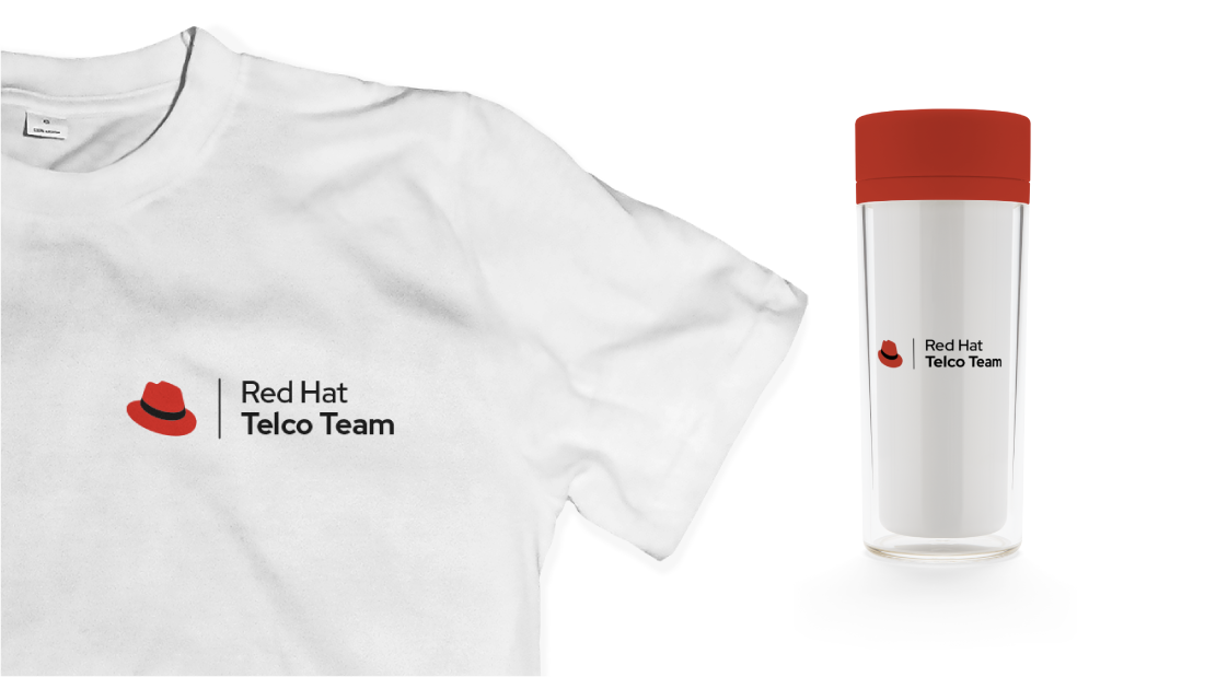 A t-shirt and coffee cup featuring the Red Hat Telco Team universal logo.